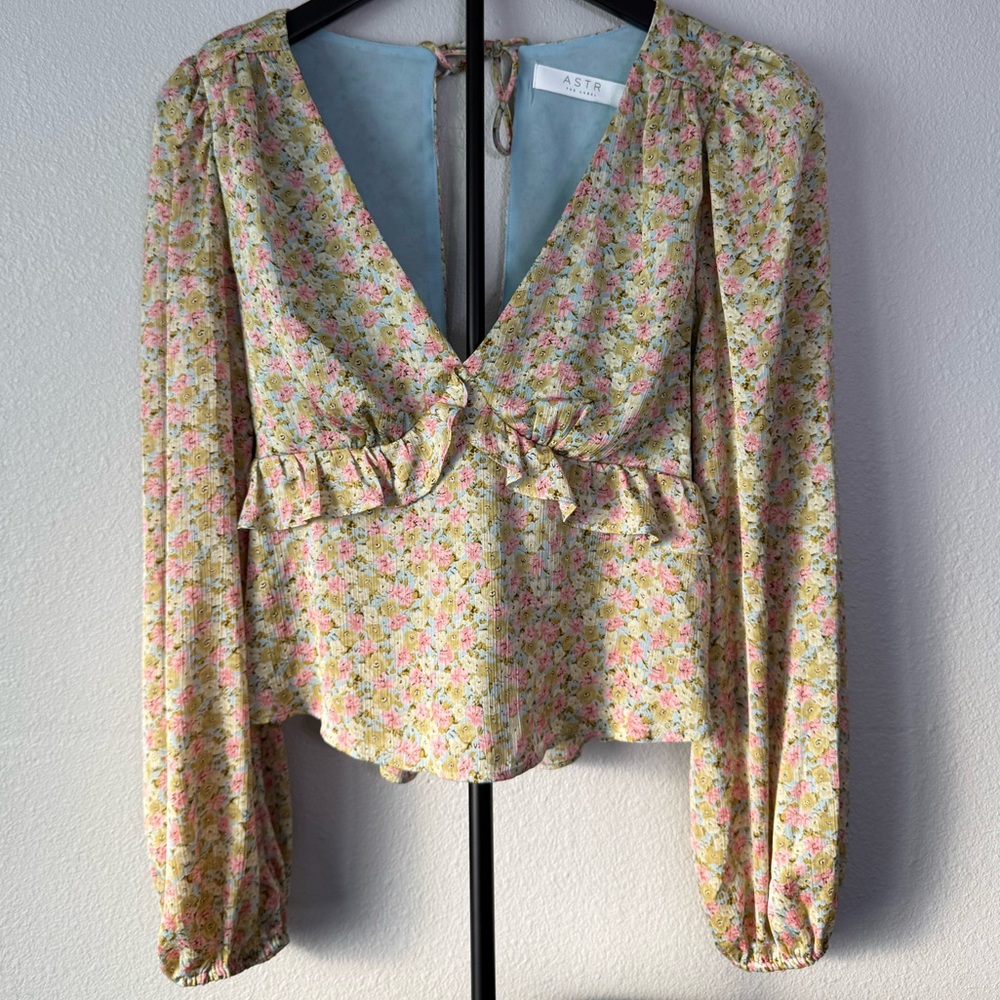 Anthropologie Cream Floral Open-Back Peplum Blouse